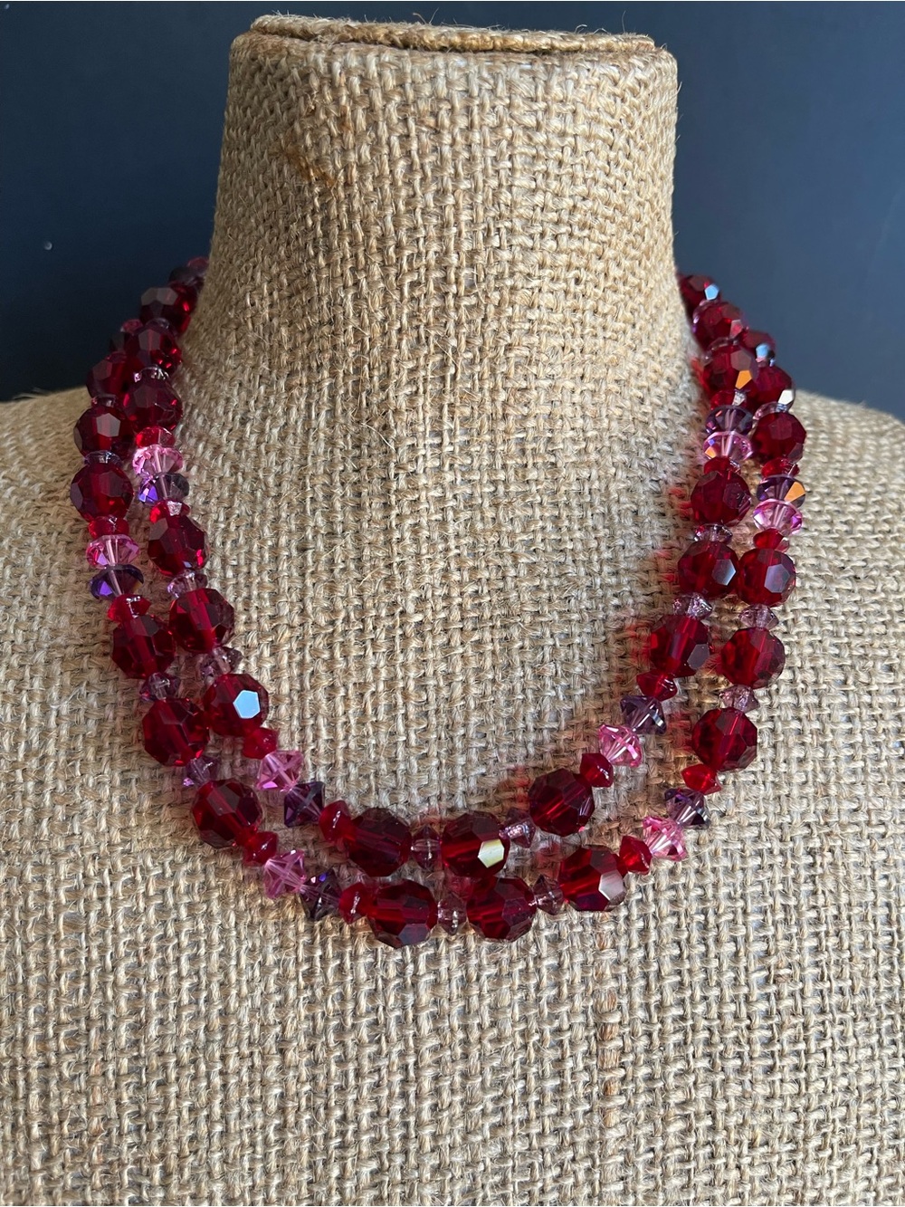Vintage LISNER Red and Pink Faceted Crystal Double-Strand Necklace